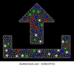 Bright mesh upload with glow effect. White wire frame triangular mesh in vector format on a black background. Abstract 2d mesh designed with triangular lines, small circle, colorful flare spots.