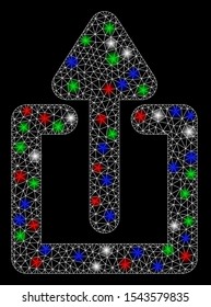 Bright mesh upload with lightspot effect. White wire carcass polygonal mesh in vector format on a black background. Abstract 2d mesh designed with polygonal grid, dots, colorful flash spots.