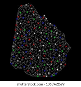 Bright mesh Uruguay map with lightspot effect. Wire carcass polygonal mesh in vector format on a black background. Abstract 2d mesh designed with polygonal grid, spheric points, colorful flash spots.