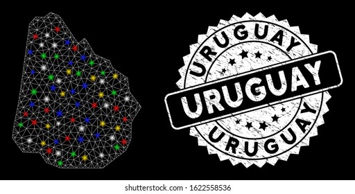 Bright mesh Uruguay map with lightspot effect, and rubber print. Wire frame triangular Uruguay map mesh in vector format on a black background. White round rubber seal with scratched texture.