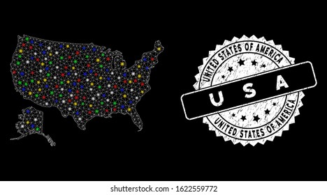 Bright mesh USA with Alaska map with glare effect, and stamp. Wire carcass triangular USA with Alaska map mesh in vector format on a black background. White round rubber stamp with rubber textures.