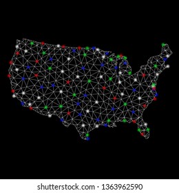 Bright mesh USA map with glare effect. Wire frame triangular mesh in vector format on a black background. Abstract 2d mesh designed with triangles, spheric points, colored glare spots.
