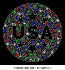 Bright mesh USA stars symbol with lightspot effect. White wire frame triangular mesh in vector format on a black background. Abstract 2d mesh designed with triangular lines, small circle,