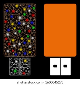 Bright mesh USB flash drive icon with glitter effect. Abstract illuminated model of USB flash drive. Shiny wire carcass polygonal mesh USB flash drive icon. Vector abstraction on a black background.