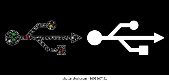 Bright mesh USB symbol icon with glare effect. Abstract illuminated model of USB symbol. Shiny wire carcass triangular mesh USB symbol icon. Vector abstraction on a black background.