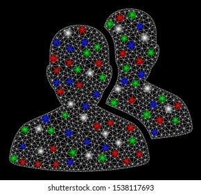 Bright mesh user accounts with glow effect. White wire carcass polygonal network in vector format on a black background. Abstract 2d mesh designed with triangles, spheric points, colorful flare spots.