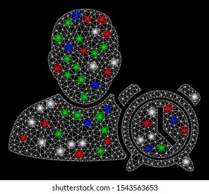 Bright mesh user alarm clock with glare effect. White wire frame triangular mesh in vector format on a black background. Abstract 2d mesh built from triangular lines, dots, colored glare spots.