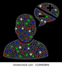 Bright mesh user arguments with glow effect. White wire carcass triangular network in vector format on a black background. Abstract 2d mesh designed with polygonal grid, dots, colorful light spots.