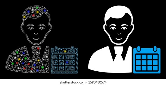 Bright mesh user calendar icon with glare effect. Abstract illuminated model of user calendar. Shiny wire carcass polygonal network user calendar icon. Vector abstraction on a black background.