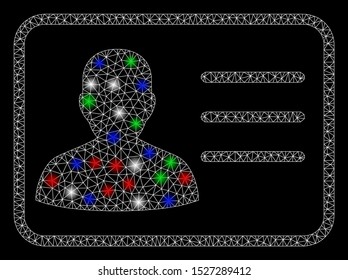 Bright mesh user card with glare effect. White wire carcass triangular mesh in vector format on a black background. Abstract 2d mesh designed with triangles, points, colored glare spots.