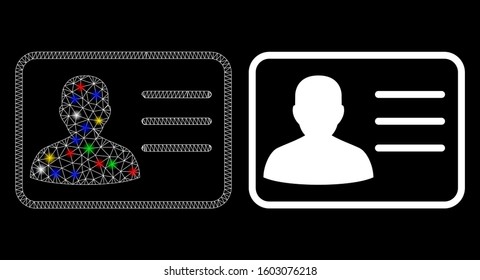 Bright mesh user card icon with glare effect. Abstract illuminated model of user card. Shiny wire carcass triangular mesh user card icon. Vector abstraction on a black background.