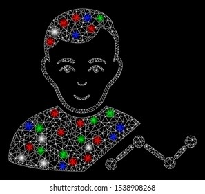Bright mesh user chart with lightspot effect. White wire frame polygonal mesh in vector format on a black background. Abstract 2d mesh built from polygonal grid, spheric points, colored glare spots.