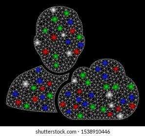 Bright mesh user cloud with glare effect. White wire carcass triangular mesh in vector format on a black background. Abstract 2d mesh designed with triangular lines, small circle,