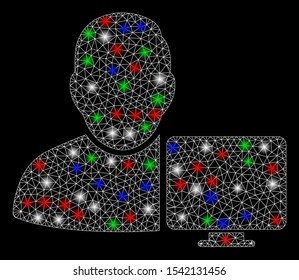 Bright mesh user computer with glare effect. White wire carcass polygonal mesh in vector format on a black background. Abstract 2d mesh designed with polygonal grid, dots, colored flash spots.