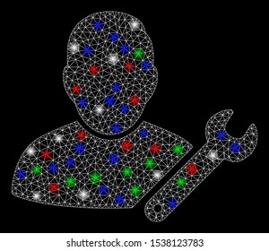 Bright mesh user customize wrench with glare effect. White wire frame triangular mesh in vector format on a black background. Abstract 2d mesh created from triangular lines, spheric points,