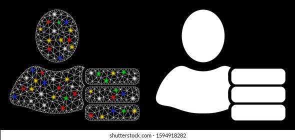 Bright mesh user database icon with glare effect. Abstract illuminated model of user database. Shiny wire carcass polygonal network user database icon. Vector abstraction on a black background.