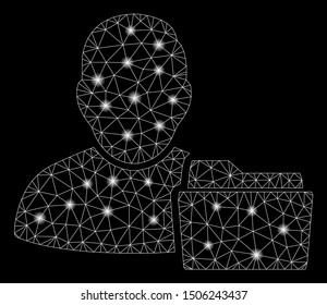 Bright mesh user document folder with glare effect. Abstract illuminated model of user document folder icon. Shiny wire carcass polygonal mesh user document folder.