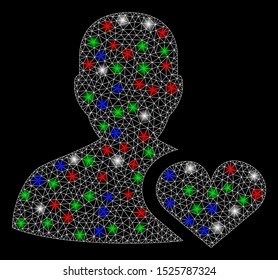 Bright mesh user favourites with glare effect. White wire frame polygonal mesh in vector format on a black background. Abstract 2d mesh designed with polygonal grid, dots, colorful flare spots.