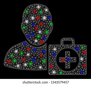 Bright mesh user first aid with glow effect. White wire frame triangular mesh in vector format on a black background. Abstract 2d mesh created from triangular lines, spheric points,