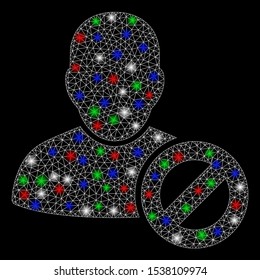 Bright mesh user forbidden with glare effect. White wire carcass polygonal mesh in vector format on a black background. Abstract 2d mesh designed with triangles, small circle, colorful glare spots.