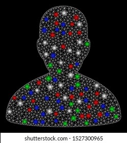 Bright mesh user with glare effect. White wire frame polygonal mesh in vector format on a black background. Abstract 2d mesh designed with triangles, small circle, colorful glare spots.