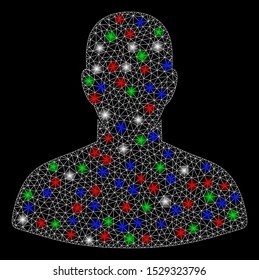 Bright mesh user with glare effect. White wire carcass triangular mesh in vector format on a black background. Abstract 2d mesh designed with triangular lines, round dots, colored flash spots.