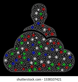 Bright mesh user with glare effect. White wire frame polygonal mesh in vector format on a black background. Abstract 2d mesh created from polygonal grid, small circle, colored glare spots.