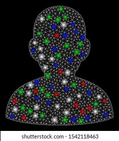 Bright mesh user with glare effect. White wire carcass polygonal mesh in vector format on a black background. Abstract 2d mesh designed with polygonal grid, small circle, colored flare spots.
