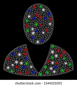 Bright mesh user with glare effect. White wire carcass triangular mesh in vector format on a black background. Abstract 2d mesh designed with polygonal grid, round dots, colored glare spots.