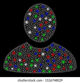 Bright mesh user with glow effect. White wire frame polygonal mesh in vector format on a black background. Abstract 2d mesh designed with triangles, round dots, colored light spots.