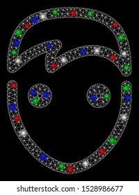 Bright mesh user with glow effect. White wire frame triangular mesh in vector format on a black background. Abstract 2d mesh designed with triangular lines, spheric points, colored glare spots.