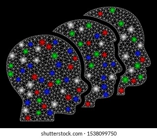 Bright mesh user group with glare effect. White wire frame polygonal mesh in vector format on a black background. Abstract 2d mesh created from triangles, spheric points, colorful glare spots.