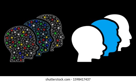 Bright mesh user group icon with glare effect. Abstract illuminated model of user group. Shiny wire carcass polygonal mesh user group icon. Vector abstraction on a black background.