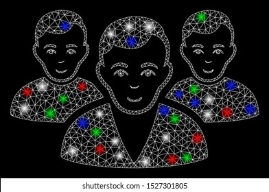 Bright mesh user group with lightspot effect. White wire carcass polygonal mesh in vector format on a black background. Abstract 2d mesh designed with polygonal grid, small circle,