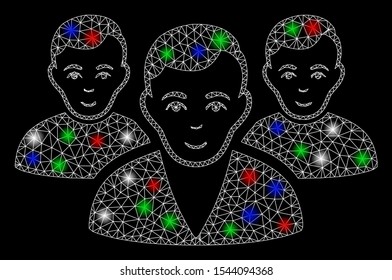 Bright mesh user group with lightspot effect. White wire carcass triangular mesh in vector format on a black background. Abstract 2d mesh designed with triangular lines, dots, colorful light spots.