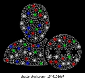Bright mesh user hidden password with lightspot effect. White wire carcass triangular mesh in vector format on a black background. Abstract 2d mesh designed with triangular lines, points,