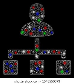 Bright mesh user hierarchy with lightspot effect. White wire frame triangular mesh in vector format on a black background. Abstract 2d mesh designed with triangular lines, dots, colored flash spots.