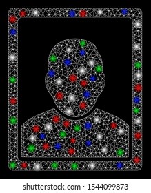 Bright mesh user image with lightspot effect. White wire frame triangular mesh in vector format on a black background. Abstract 2d mesh designed with triangular lines, round dots,