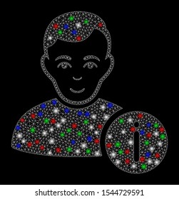 Bright mesh user info with glow effect. White wire frame triangular mesh in vector format on a black background. Abstract 2d mesh designed with triangular lines, spheric points, colored light spots.