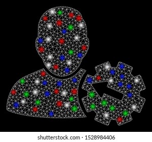 Bright mesh user integration gear with glow effect. White wire carcass polygonal mesh in vector format on a black background. Abstract 2d mesh designed with polygonal grid, points,