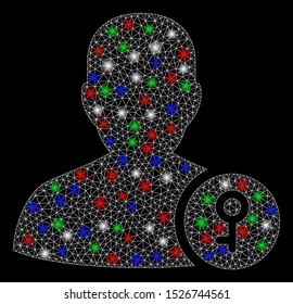 Bright mesh user key with glare effect. White wire carcass polygonal mesh in vector format on a black background. Abstract 2d mesh designed with polygonal grid, points, colored glare spots.