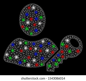 Bright mesh user key with glare effect. White wire frame polygonal mesh in vector format on a black background. Abstract 2d mesh designed with polygonal grid, dots, colorful flare spots.