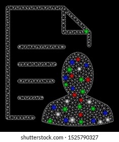 Bright mesh user list page with glare effect. White wire carcass triangular mesh in vector format on a black background. Abstract 2d mesh created from triangular lines, spheric points,