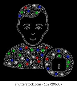 Bright mesh user lock with glow effect. White wire frame polygonal mesh in vector format on a black background. Abstract 2d mesh designed with polygonal grid, points, colorful light spots.