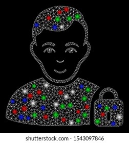 Bright mesh user locked with glare effect. White wire carcass triangular mesh in vector format on a black background. Abstract 2d mesh designed with triangular lines, small circle,
