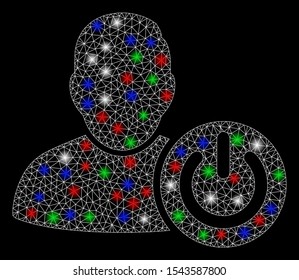 Bright mesh user log off with glow effect. White wire carcass triangular mesh in vector format on a black background. Abstract 2d mesh designed with triangular lines, small circle,