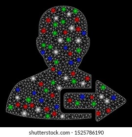 Bright mesh user logout arrow with glare effect. White wire carcass triangular mesh in vector format on a black background. Abstract 2d mesh designed with polygonal grid, small circle,