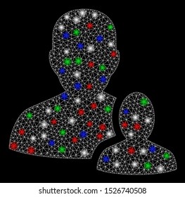 Bright mesh user manager with glow effect. White wire frame triangular mesh in vector format on a black background. Abstract 2d mesh designed with triangles, dots, colored glare spots.