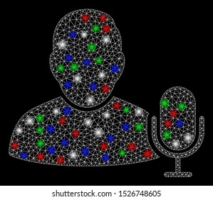 Bright mesh user microphone with glare effect. White wire carcass polygonal network in vector format on a black background. Abstract 2d mesh designed with triangular lines, small circle,