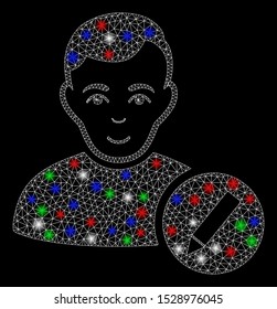 Bright mesh user modify pencil with lightspot effect. White wire frame polygonal mesh in vector format on a black background. Abstract 2d mesh designed with triangular lines, dots,